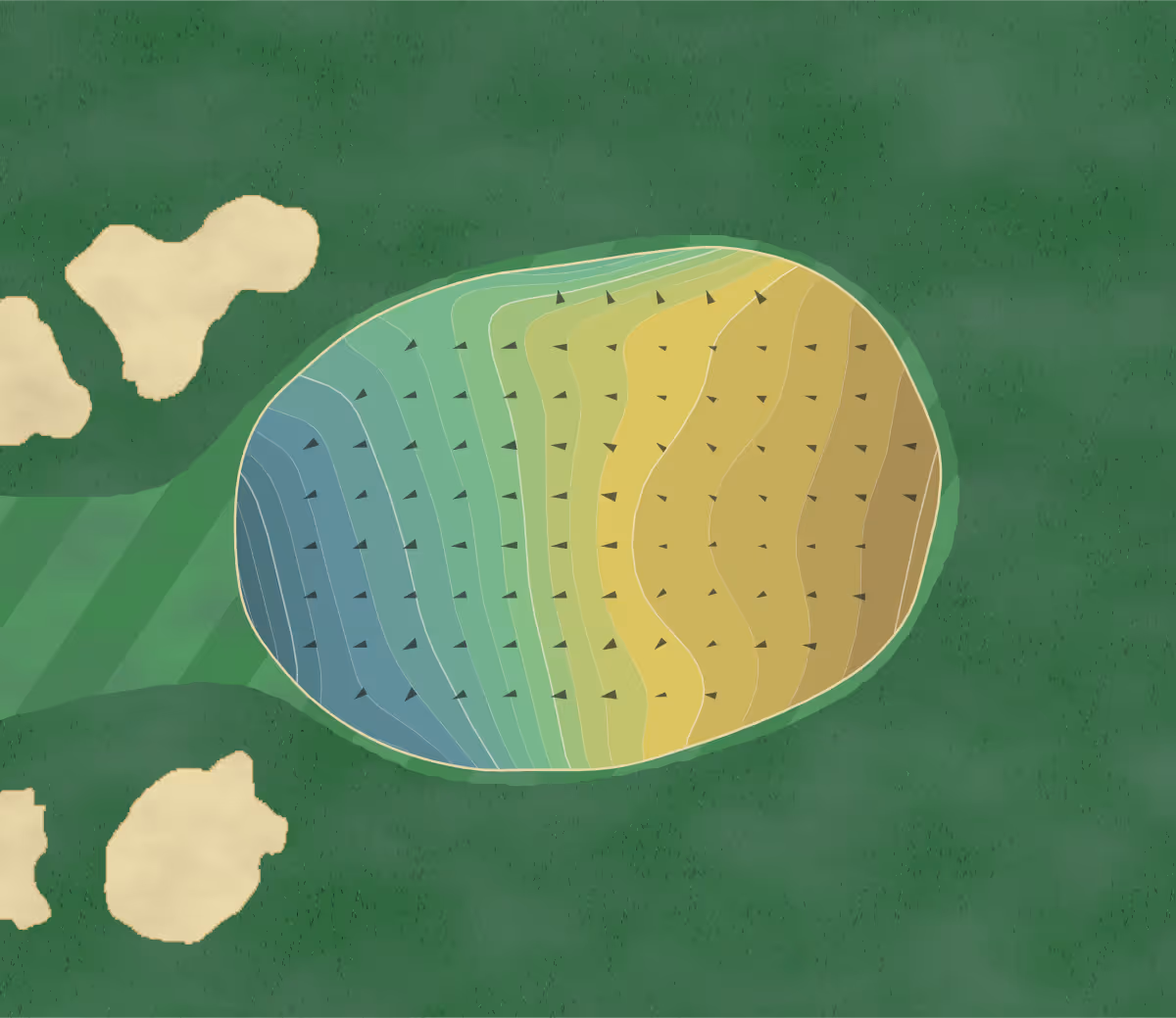 Green contour map of Canterbury GC in Beachwood, Ohio — 278 elevation contours at a 3-inch interval with fall-line arrows, traced from 1-meter lidar