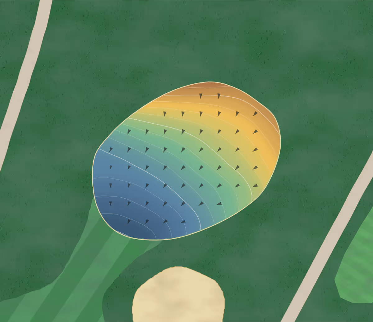 Green contour map of Canterbury Green in Fort Wayne, Indiana — 138 elevation contours at a 3-inch interval with fall-line arrows, traced from 1-meter lidar