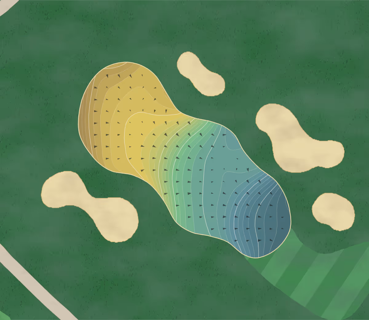 Green contour map of Canterwood Golf in Gig Harbor, Washington — 297 elevation contours at a 3-inch interval with fall-line arrows, traced from 1-meter lidar
