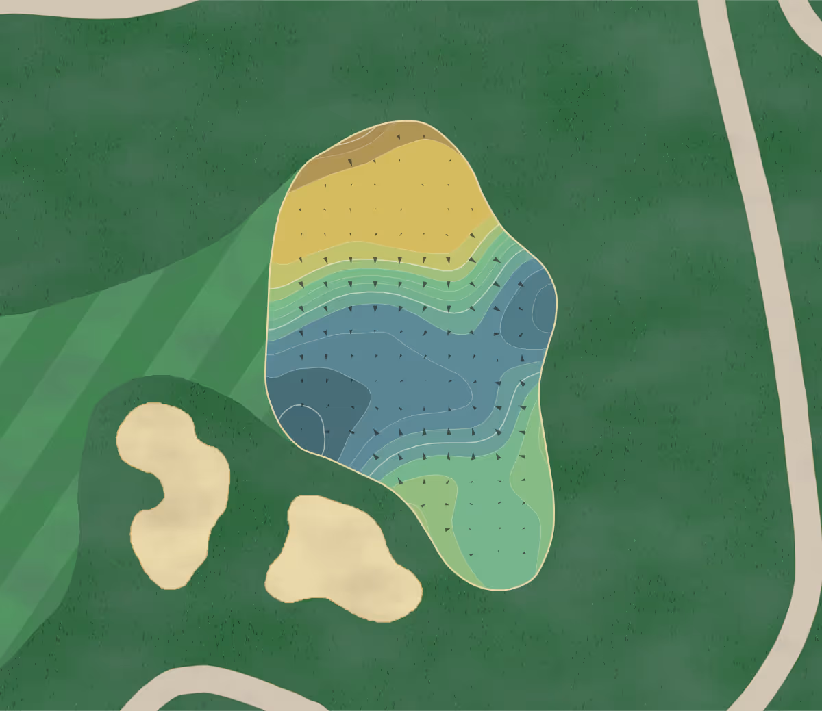 Green contour map of Cantigny in Wheaton, Illinois — 159 elevation contours at a 3-inch interval with fall-line arrows, traced from 1-meter lidar
