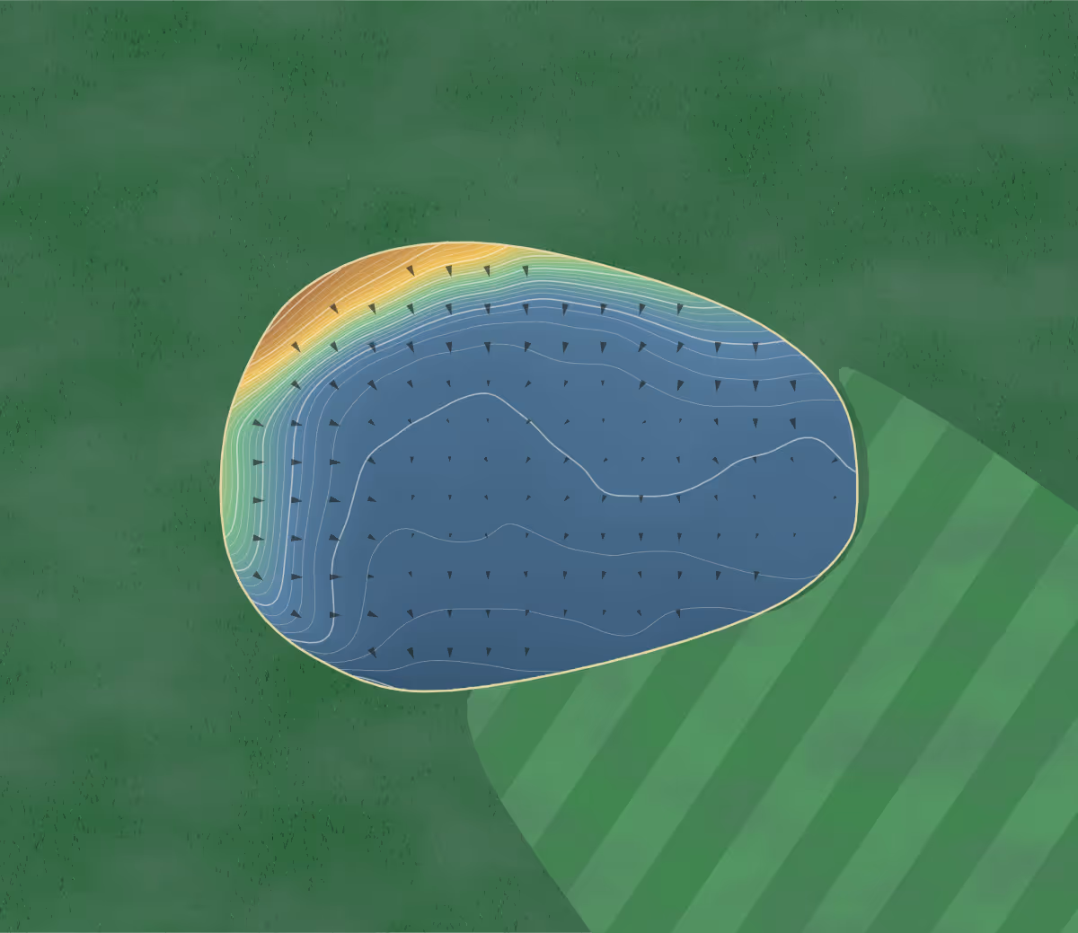 Green contour map of Canyon Creek in Alhambra, Canada: 102 elevation contours at a 8-centimeter interval with fall-line arrows, traced from 1-meter lidar