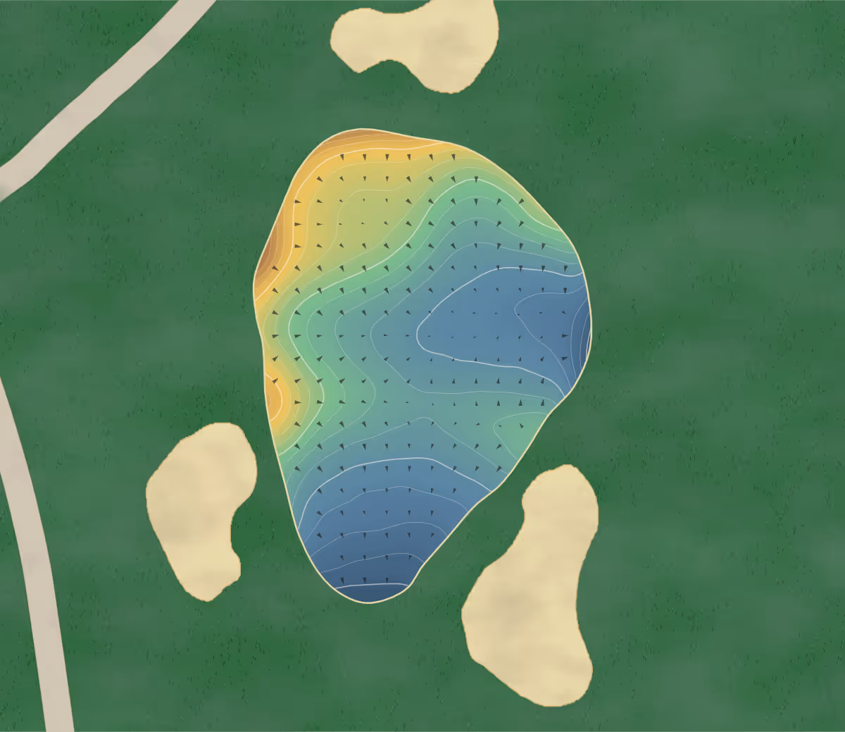 Green contour map of Canyon Meadows in Calgary, Canada — 183 elevation contours at a 8-centimeter interval with fall-line arrows, traced from 1-meter lidar