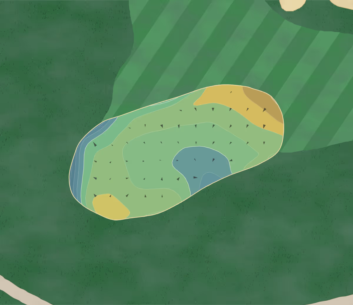 Green contour map of Canyon Springs in San Antonio, Texas — 35 elevation contours at a 3-inch interval with fall-line arrows, traced from 1-meter lidar