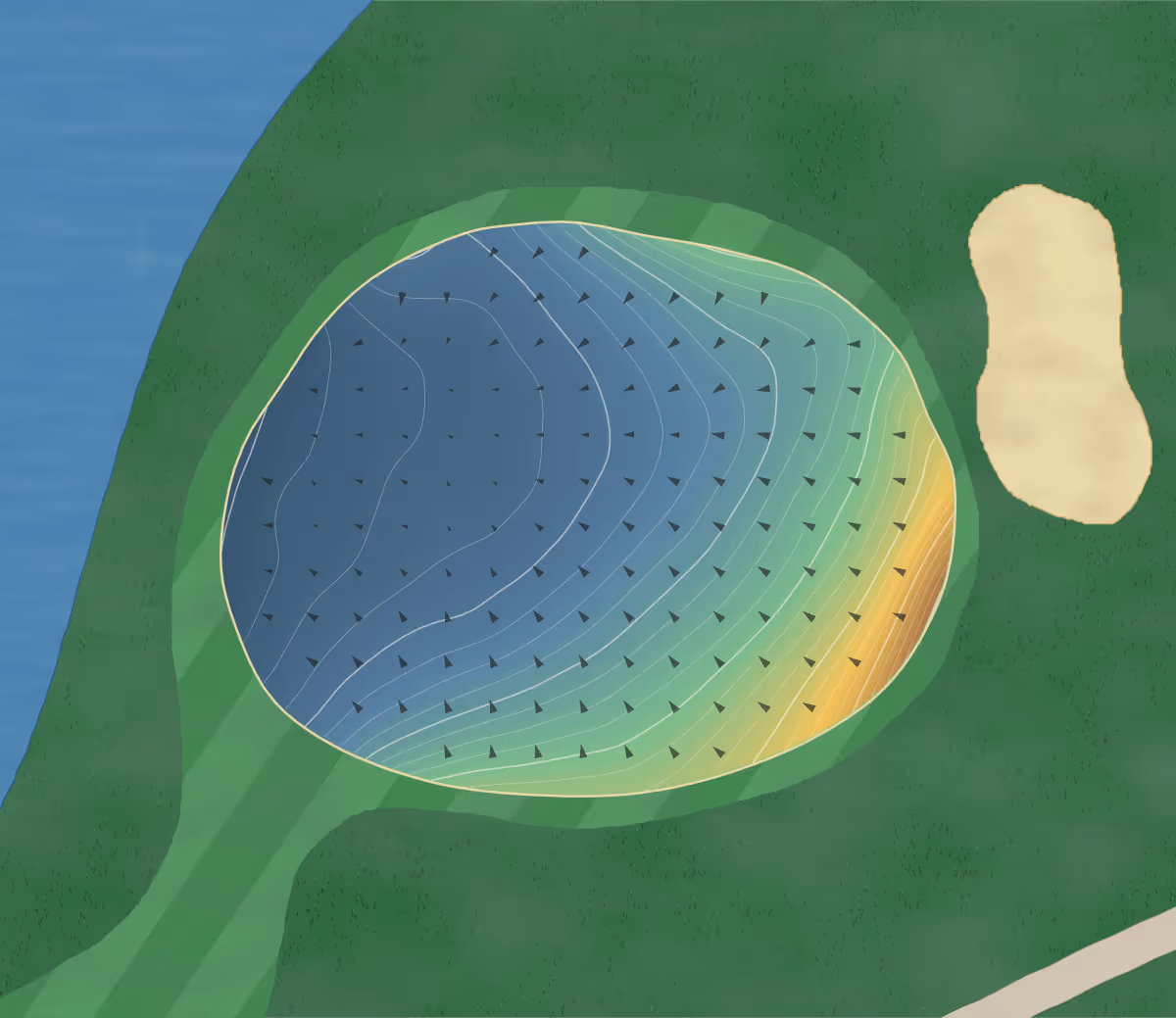 Green contour map of Caradoc Sands in Strathroy, Canada — 222 elevation contours at a 8-centimeter interval with fall-line arrows, traced from 1-meter lidar