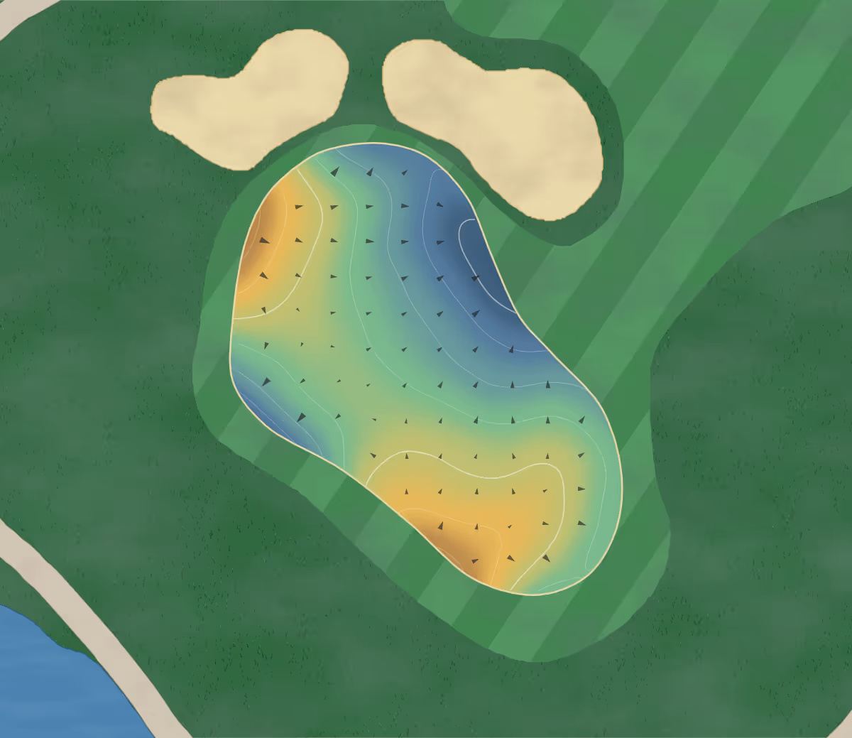 Green contour map of Carbrook in Carbrook, Australia — 97 elevation contours at a 8-centimeter interval with fall-line arrows, traced from 1-meter lidar