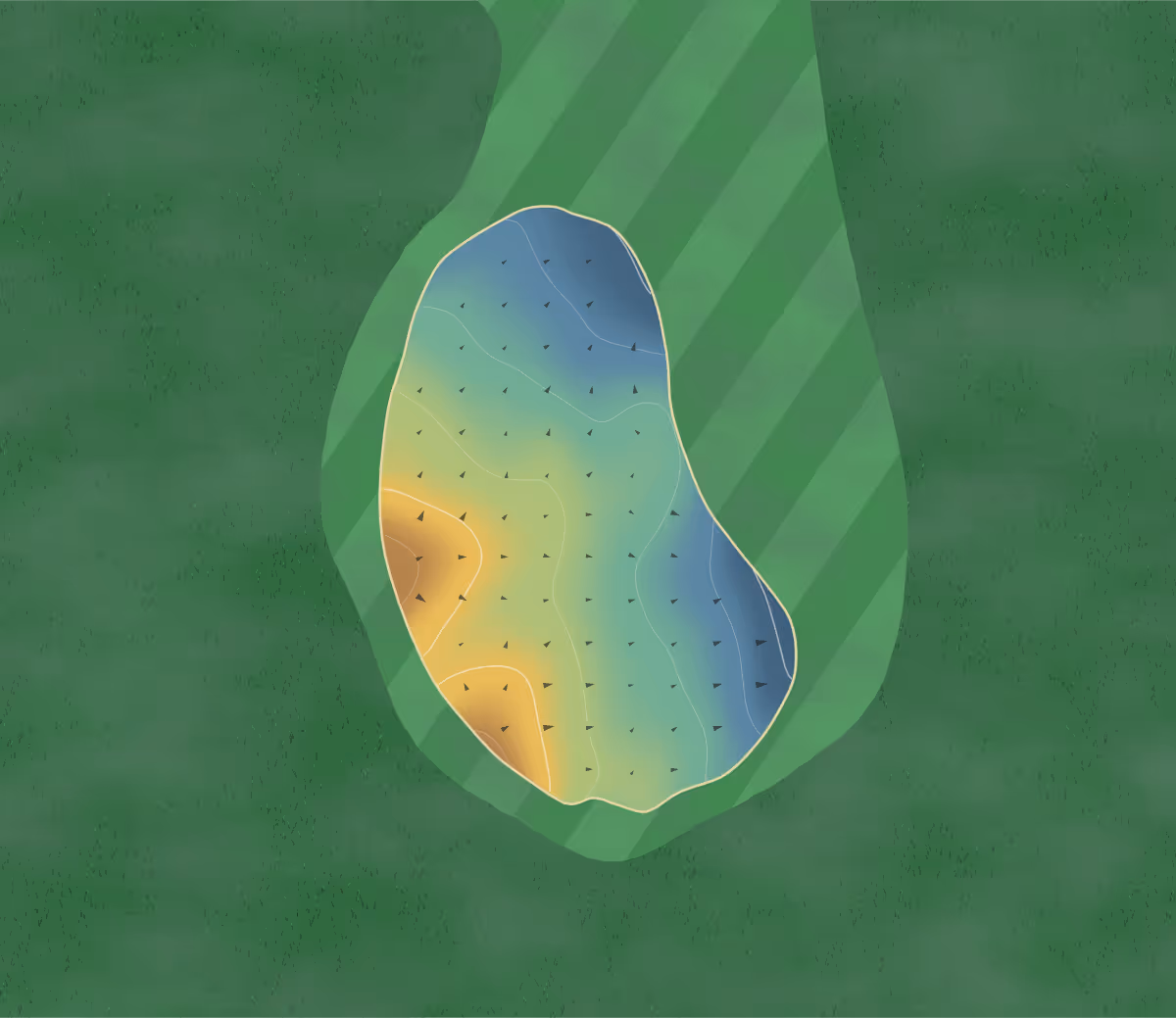 Green contour map of Cardinal Lake in Welland, Canada: 6 elevation contours at a 8-centimeter interval with fall-line arrows, traced from 1-meter lidar