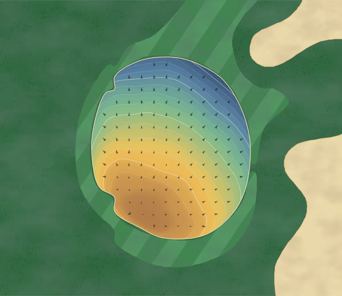Green contour map of Carey Park in Hutchinson, Kansas: 186 elevation contours at a 3-inch interval with fall-line arrows, traced from 1-meter lidar