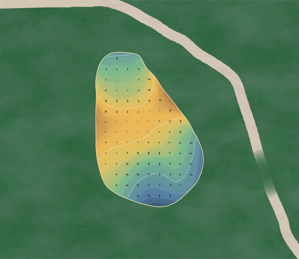 Green contour map of Carlisle in Kincardine, Canada — 157 elevation contours at a 8-centimeter interval with fall-line arrows, traced from 1-meter lidar