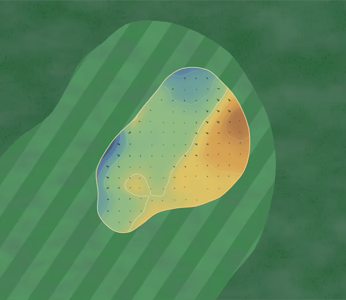 Green contour map of Carlisle GC in Carlisle, England: 7 elevation contours at a 8-centimeter interval with fall-line arrows, traced from 1-meter lidar