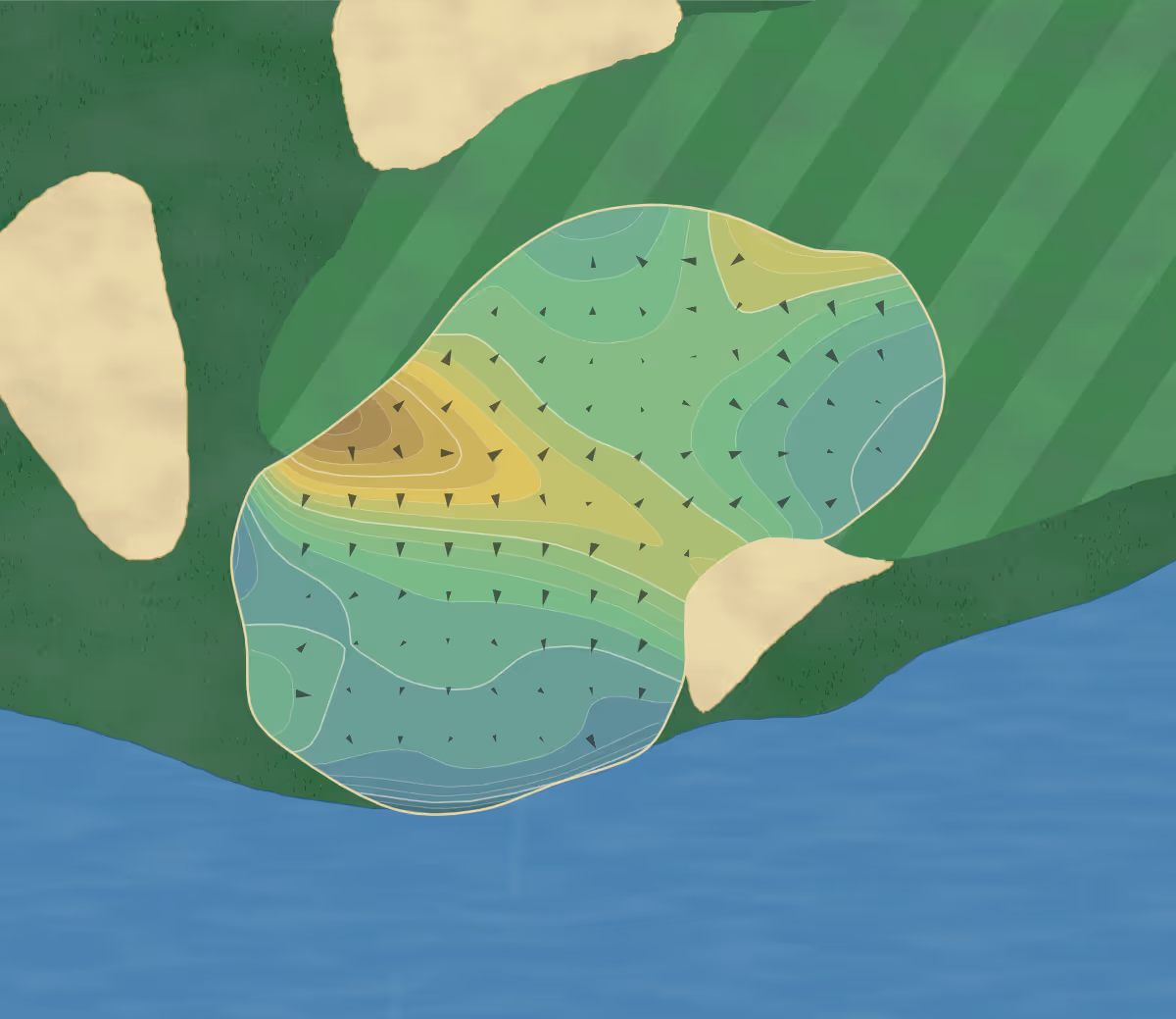 Green contour map of Carlton Oaks in Santee, California — 171 elevation contours at a 3-inch interval with fall-line arrows, traced from 1-meter lidar