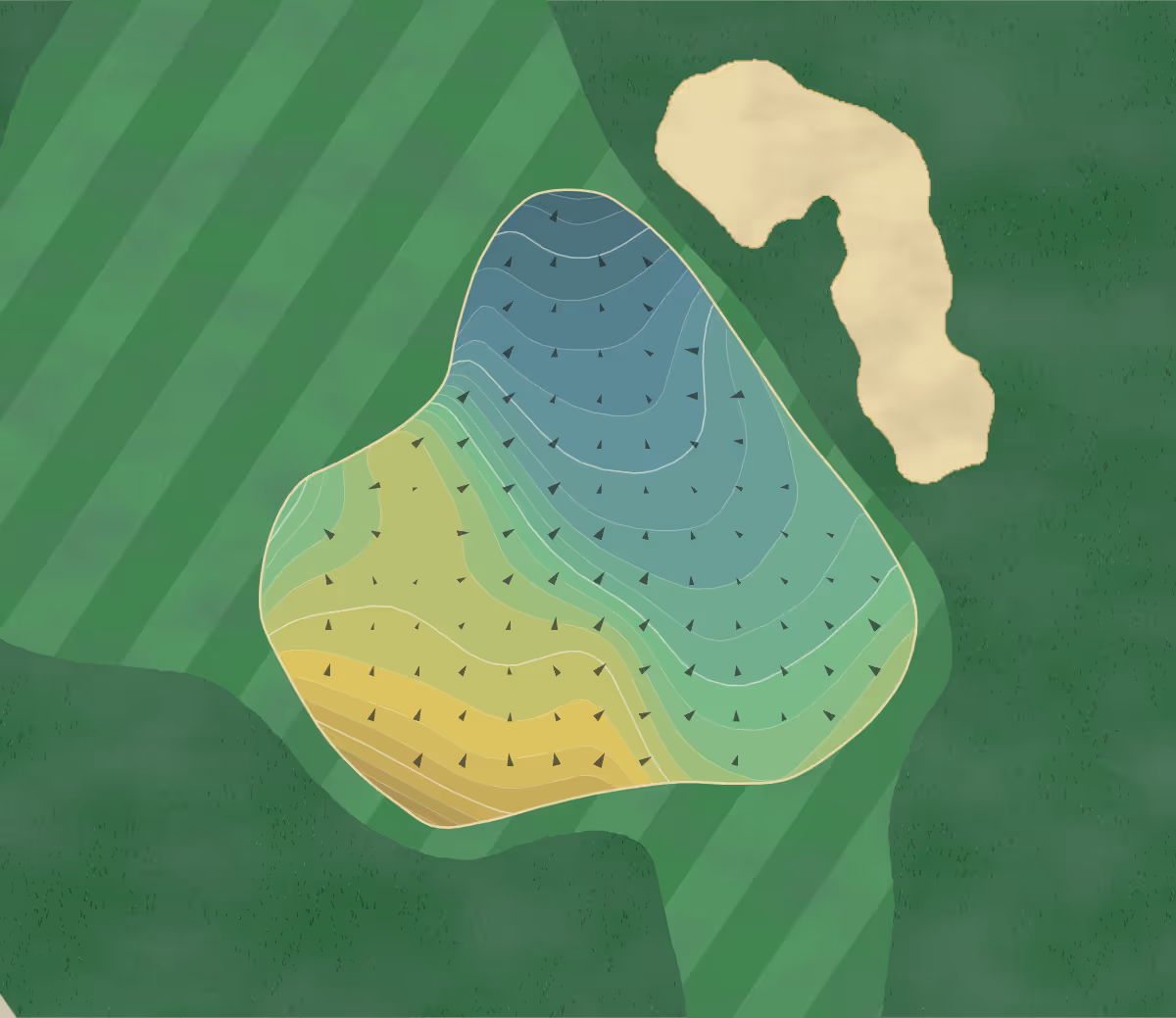 Green contour map of Carlton Woods in The Woodlands, Texas — 259 elevation contours at a 3-inch interval with fall-line arrows, traced from 1-meter lidar