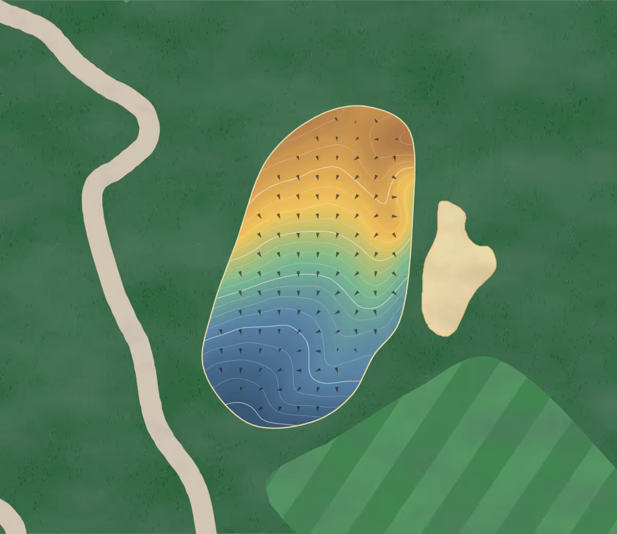Green contour map of Carman in Canada — 20 elevation contours at a 8-centimeter interval with fall-line arrows, traced from 1-meter lidar