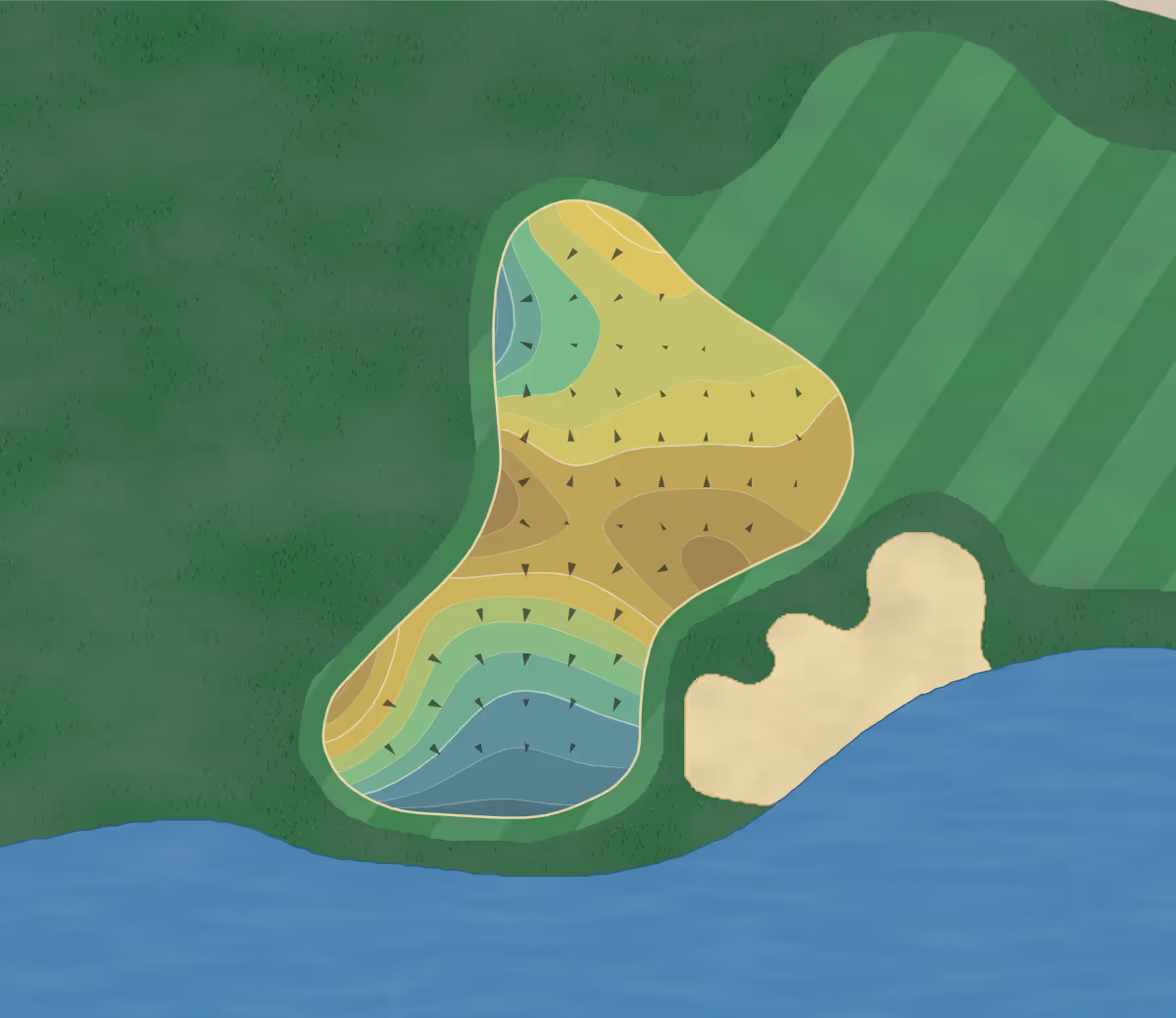 Green contour map of CV Ranch in Carmel, California — 198 elevation contours at a 3-inch interval with fall-line arrows, traced from 1-meter lidar