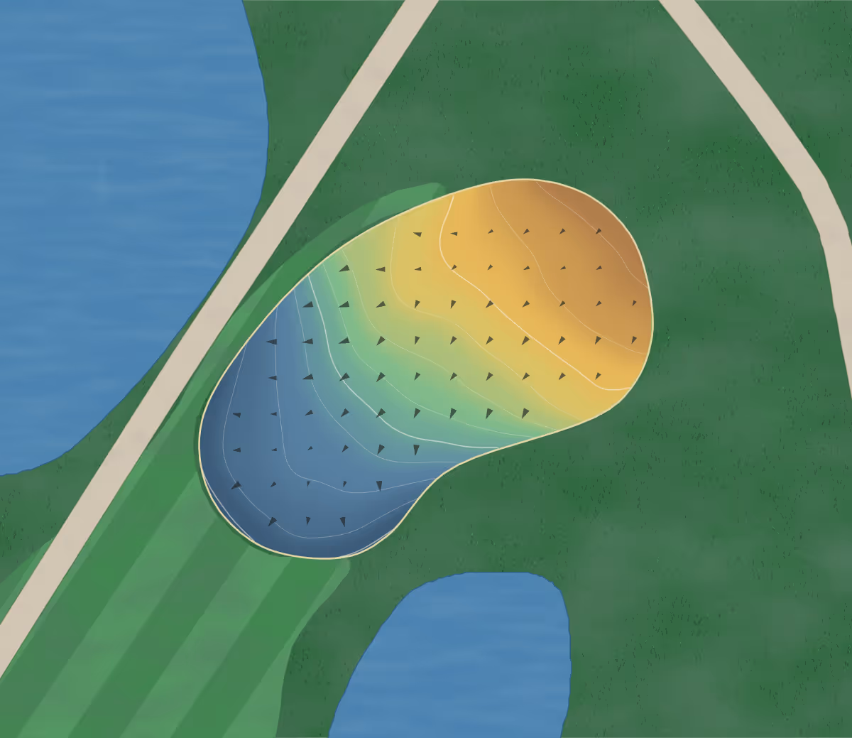Green contour map of Carmen Creek in Fredericton, Canada: 64 elevation contours at a 8-centimeter interval with fall-line arrows, traced from 1-meter lidar
