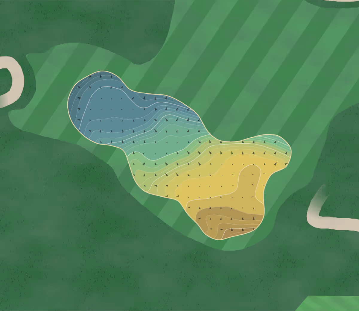 Green contour map of Carnalea in Bangor, Northern Ireland — 89 elevation contours at a 8-centimeter interval with fall-line arrows, traced from 1-meter lidar