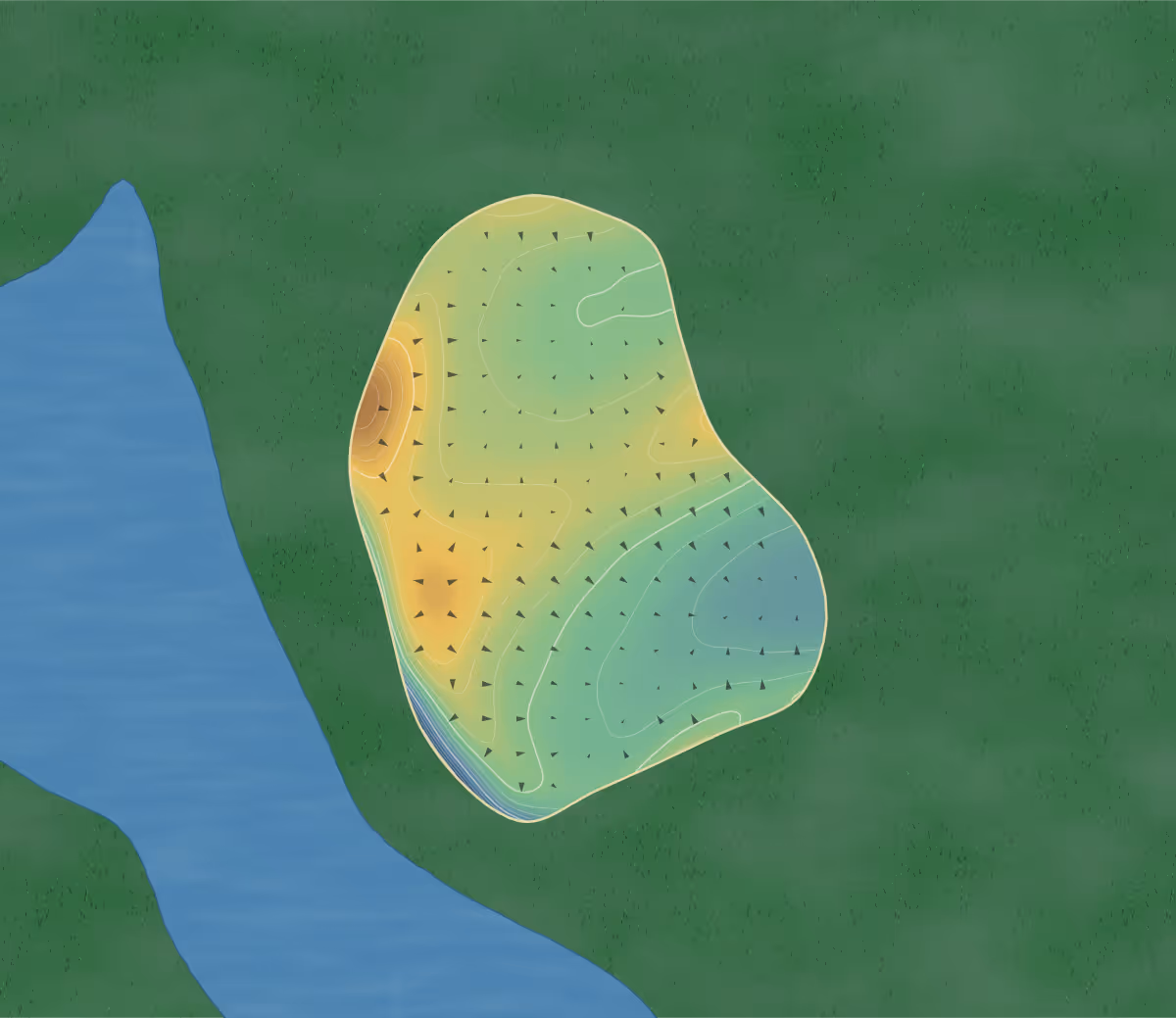 Green contour map of Carnmoney in Dunbow Road, Canada — 274 elevation contours at a 8-centimeter interval with fall-line arrows, traced from 1-meter lidar
