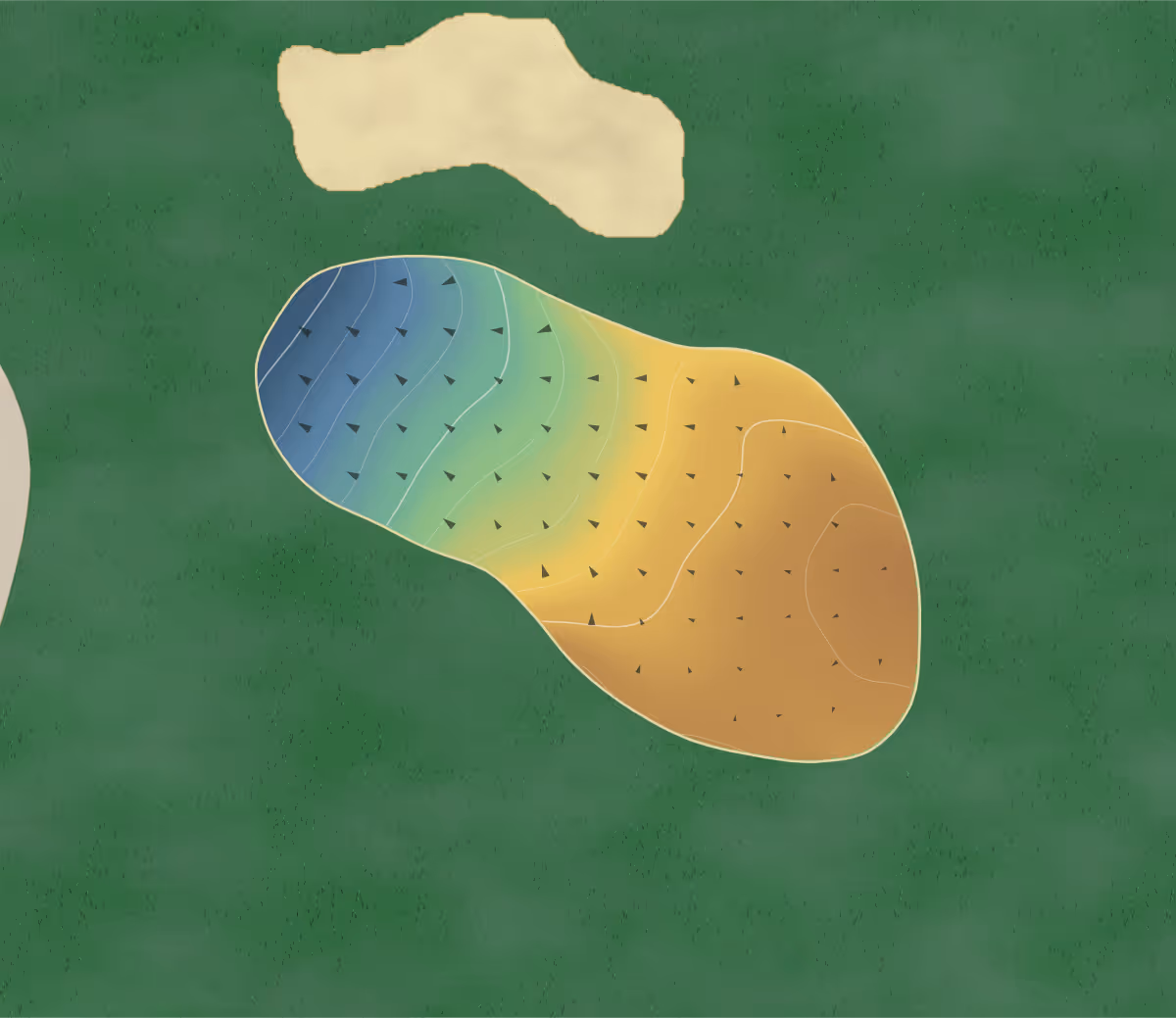 Green contour map of Carnoustie in Port Coquitlam, Canada — 148 elevation contours at a 8-centimeter interval with fall-line arrows, traced from 1-meter lidar