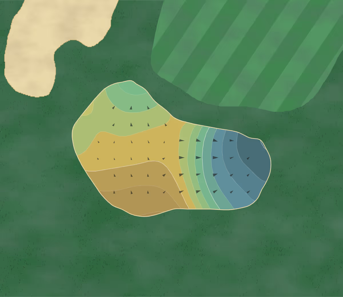 Green contour map of Carolina Colours Golf Club in New Bern, North Carolina — 44 elevation contours at a 3-inch interval with fall-line arrows, traced from 1-meter lidar