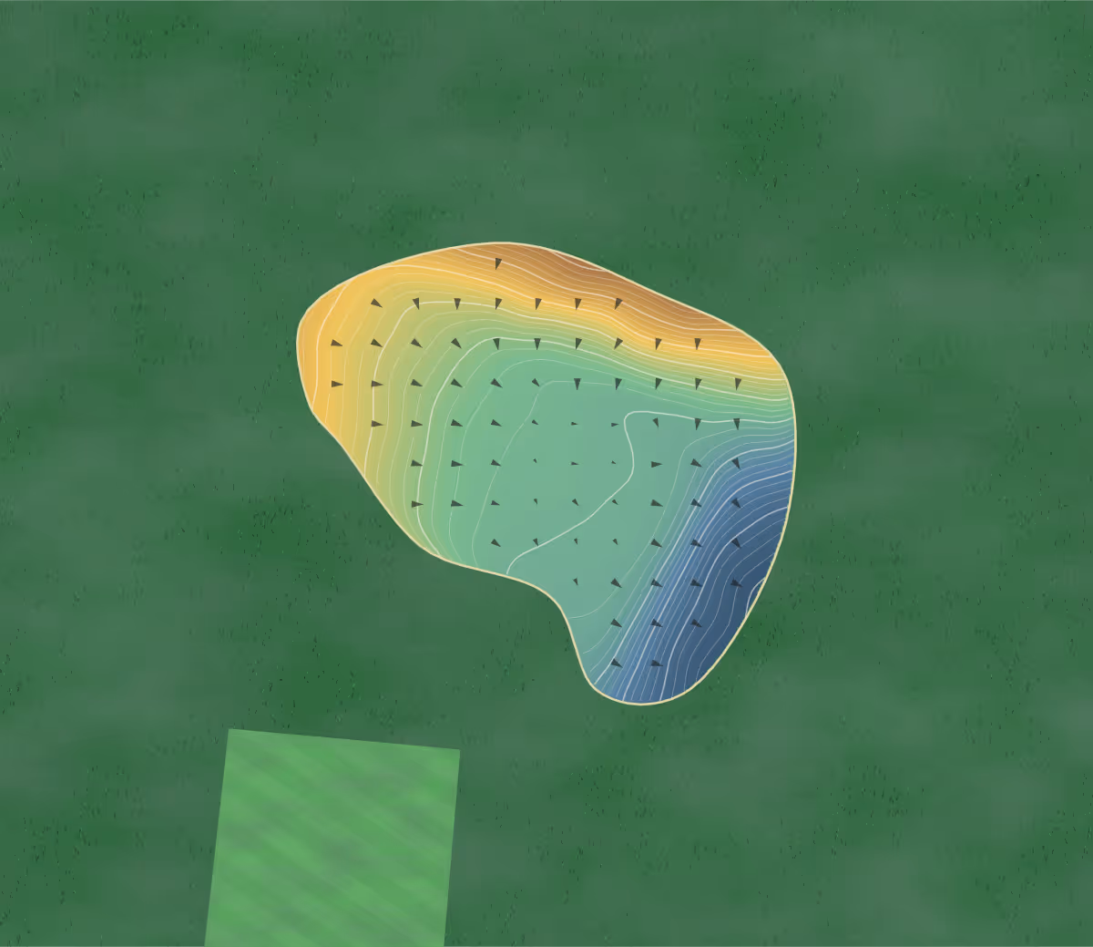 Green contour map of Carradale in Carradale, Scotland: 98 elevation contours at a 8-centimeter interval with fall-line arrows, traced from 1-meter lidar