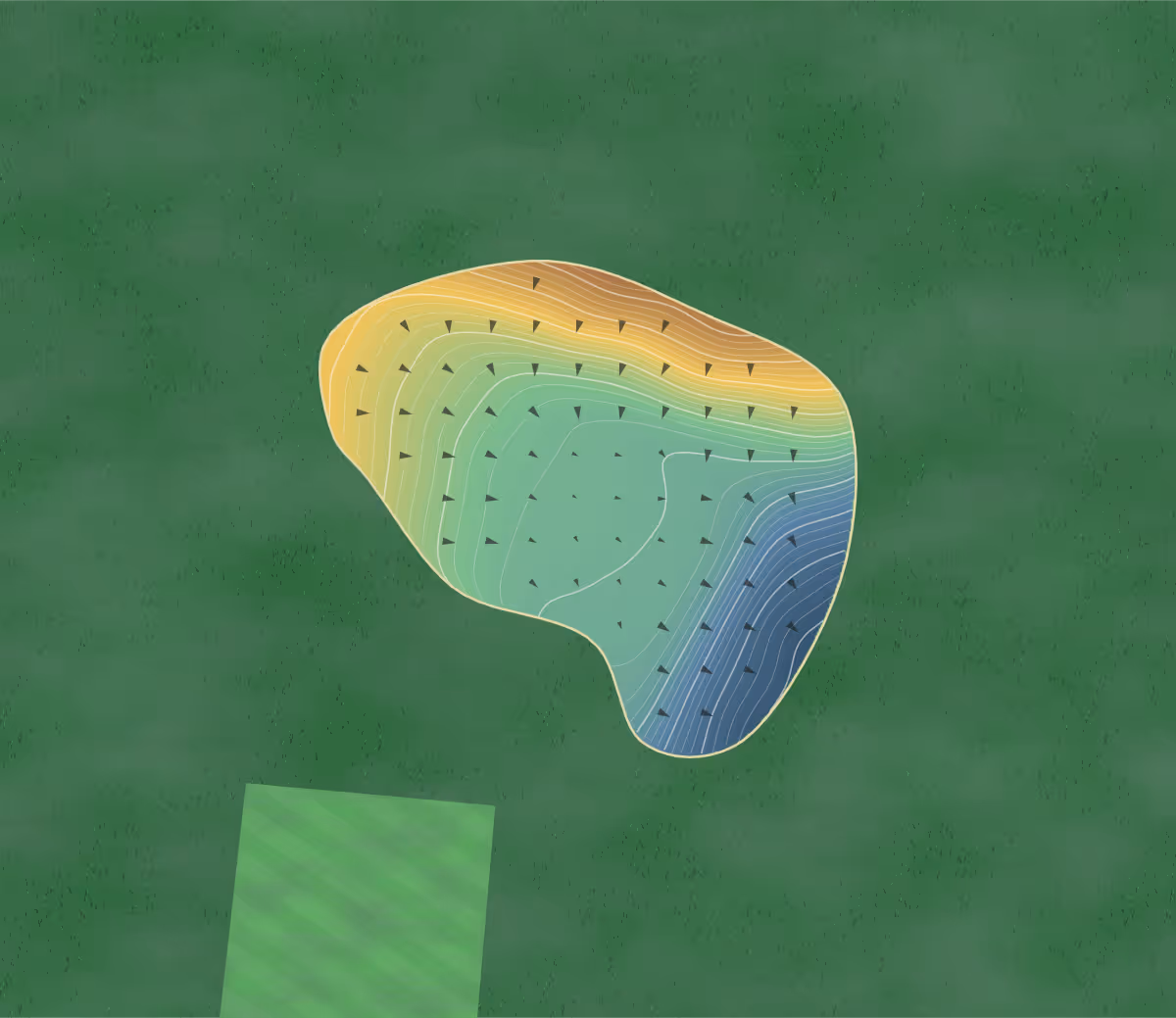 Green contour map of Carradale in Carradale, Scotland — 104 elevation contours at a 8-centimeter interval with fall-line arrows, traced from 1-meter lidar