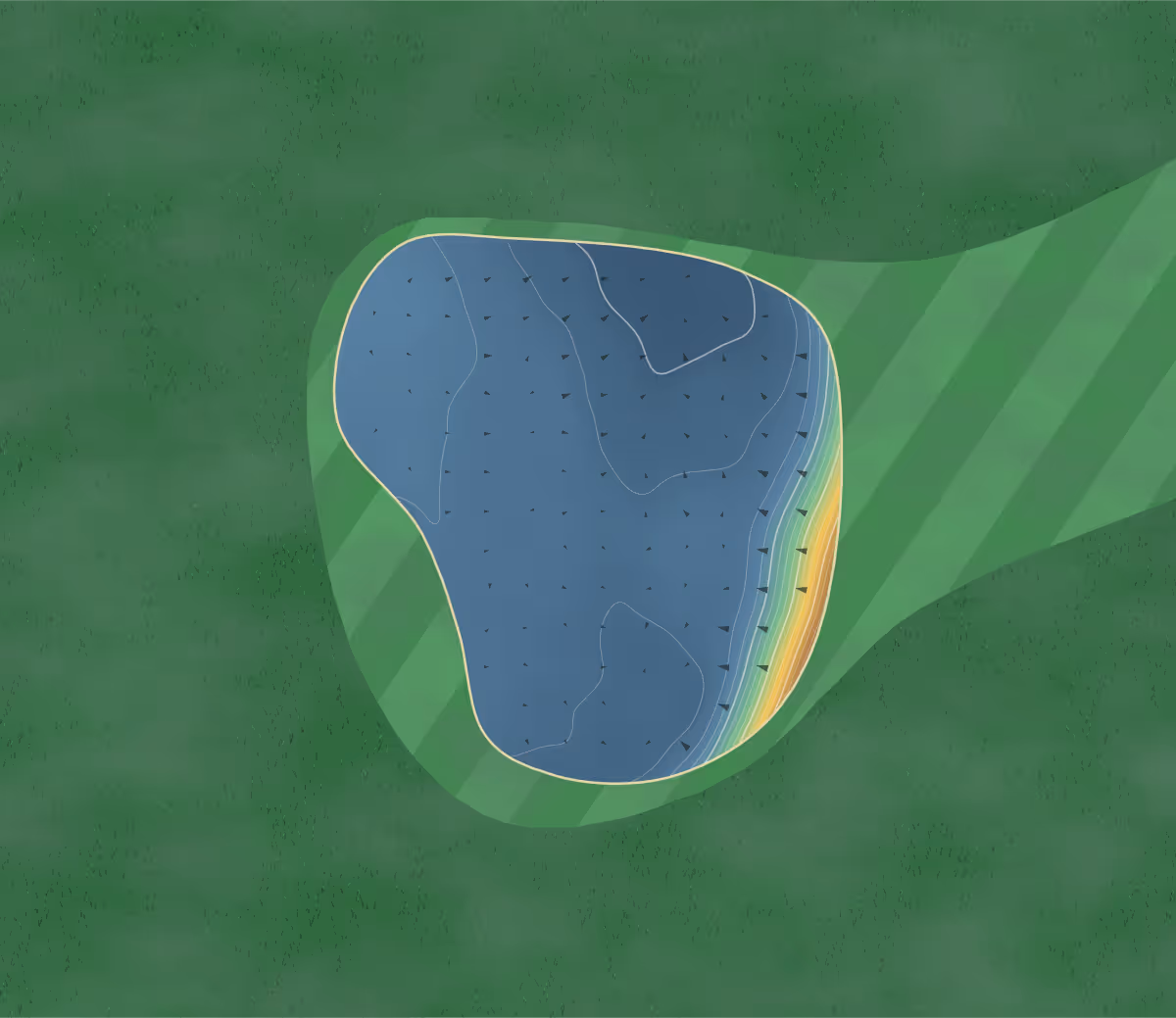 Green contour map of Carrickfergus in Carrickfergus, Northern Ireland — 167 elevation contours at a 8-centimeter interval with fall-line arrows, traced from 1-meter lidar