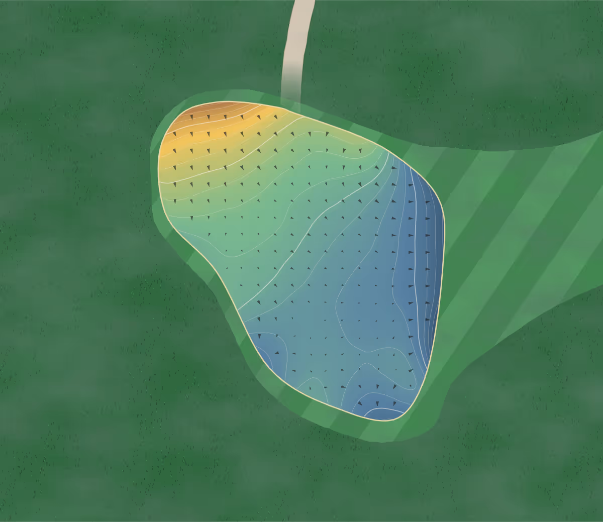Green contour map of Carton House in Maynooth, Ireland — 242 elevation contours at a 8-centimeter interval with fall-line arrows, traced from 1-meter lidar