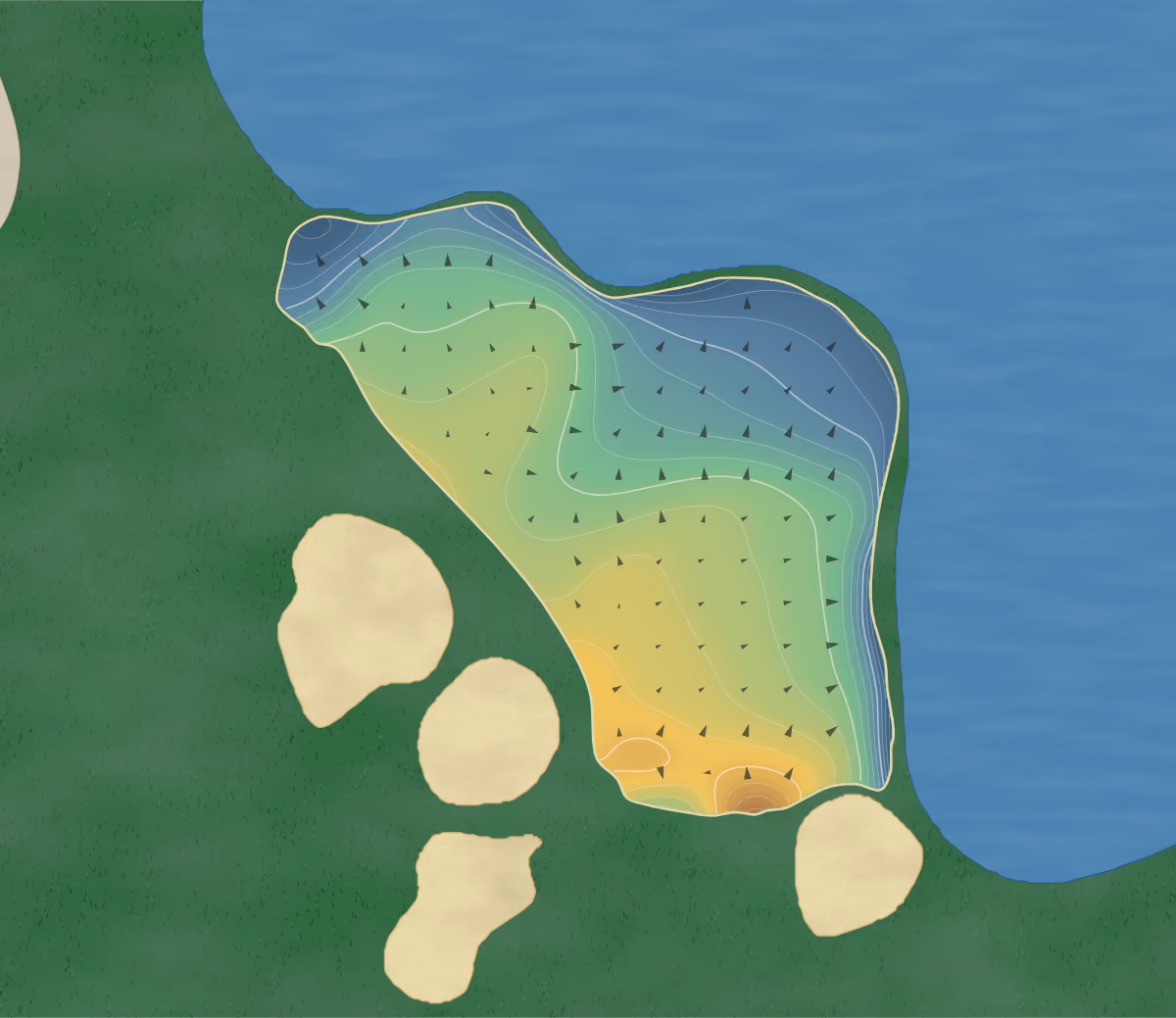 Green contour map of Cascades in Hamburg, New Jersey: 180 elevation contours at a 3-inch interval with fall-line arrows, traced from 1-meter lidar