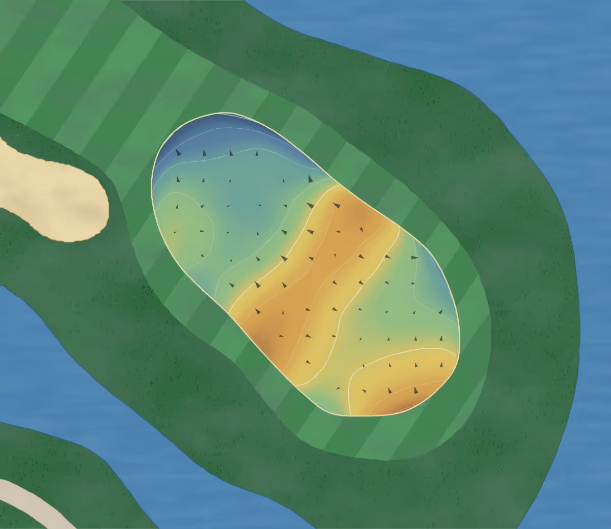 Green contour map of Castle Bay CC in Hampstead, North Carolina: 69 elevation contours at a 3-inch interval with fall-line arrows, traced from 1-meter lidar