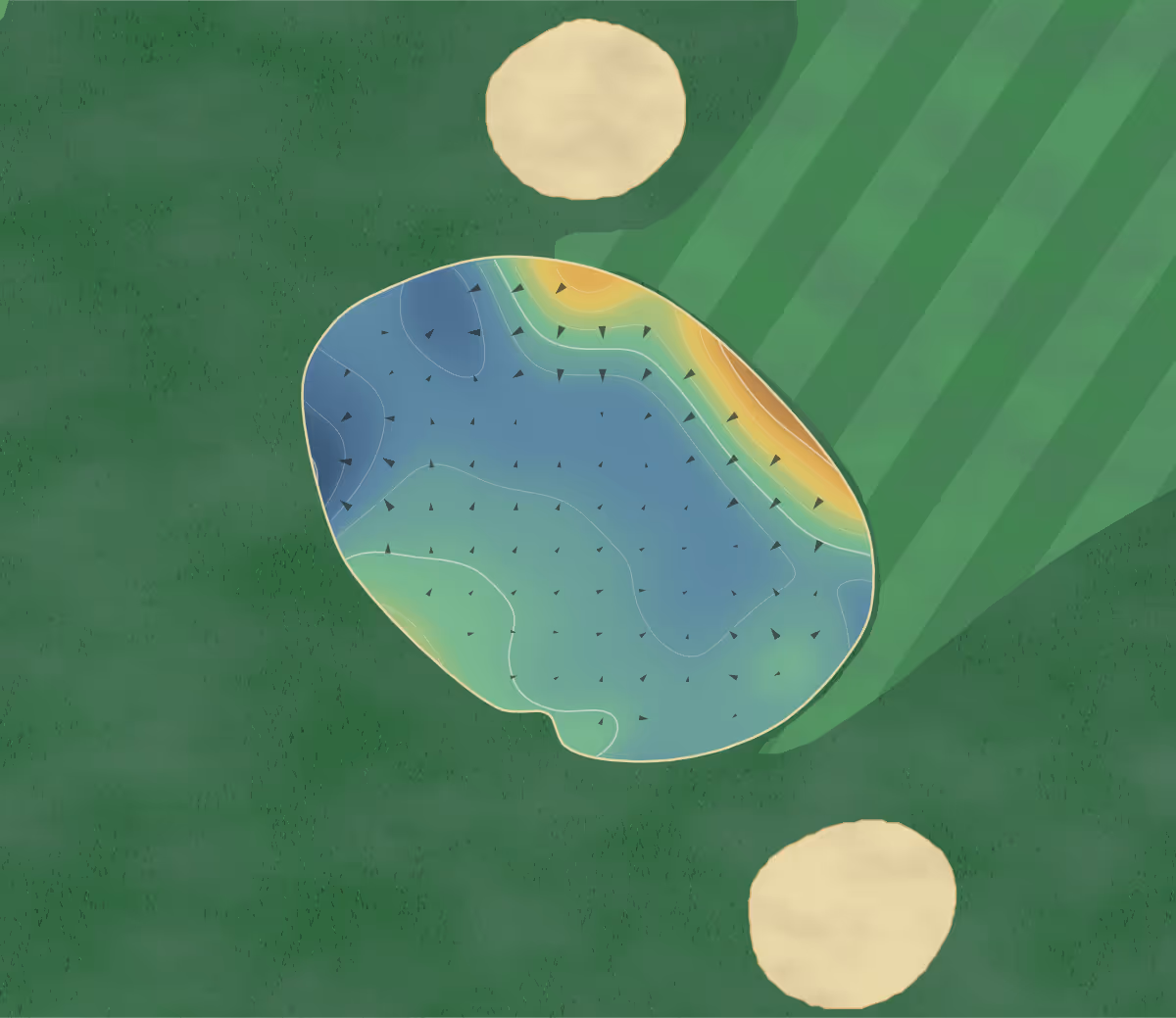 Green contour map of Castle Douglas in Castle Douglas, Scotland: 64 elevation contours at a 8-centimeter interval with fall-line arrows, traced from 1-meter lidar
