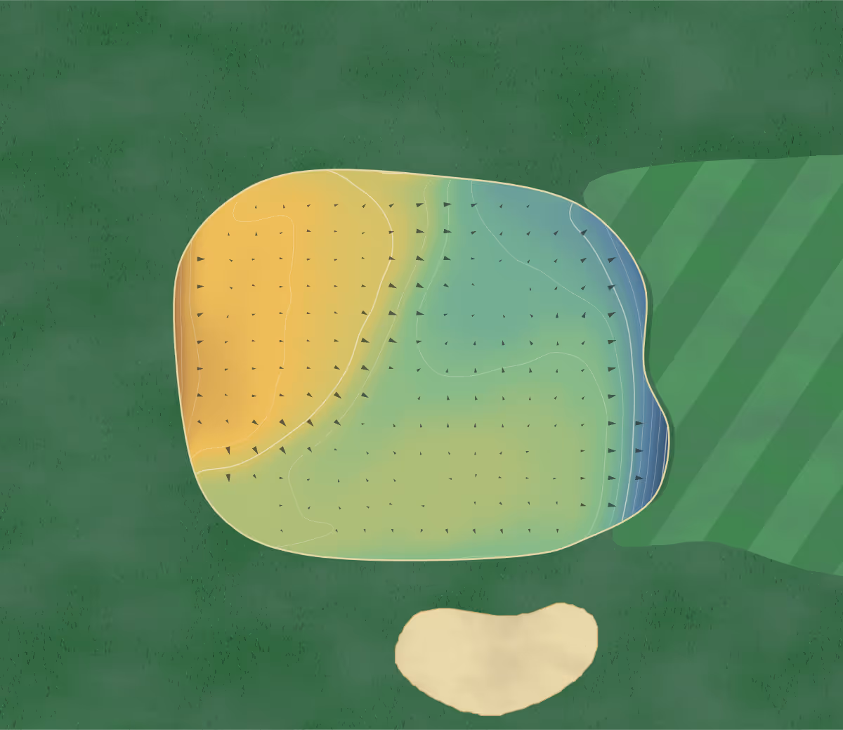 Green contour map of Castle Park in Haddington, Scotland: 146 elevation contours at a 8-centimeter interval with fall-line arrows, traced from 1-meter lidar