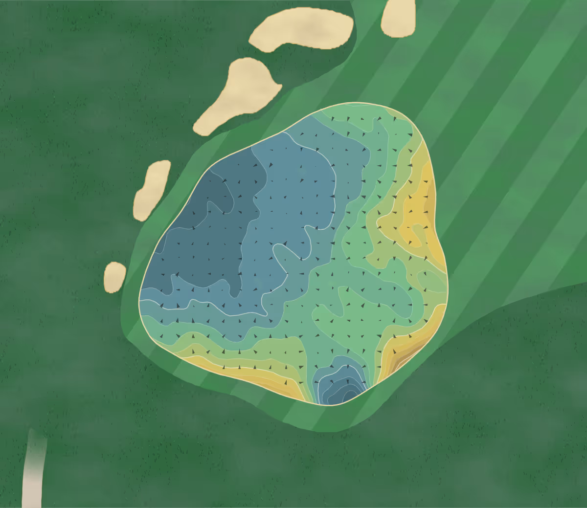 Green contour map of Castle Stuart in Inverness, Scotland — 303 elevation contours at a 8-centimeter interval with fall-line arrows, traced from 1-meter lidar