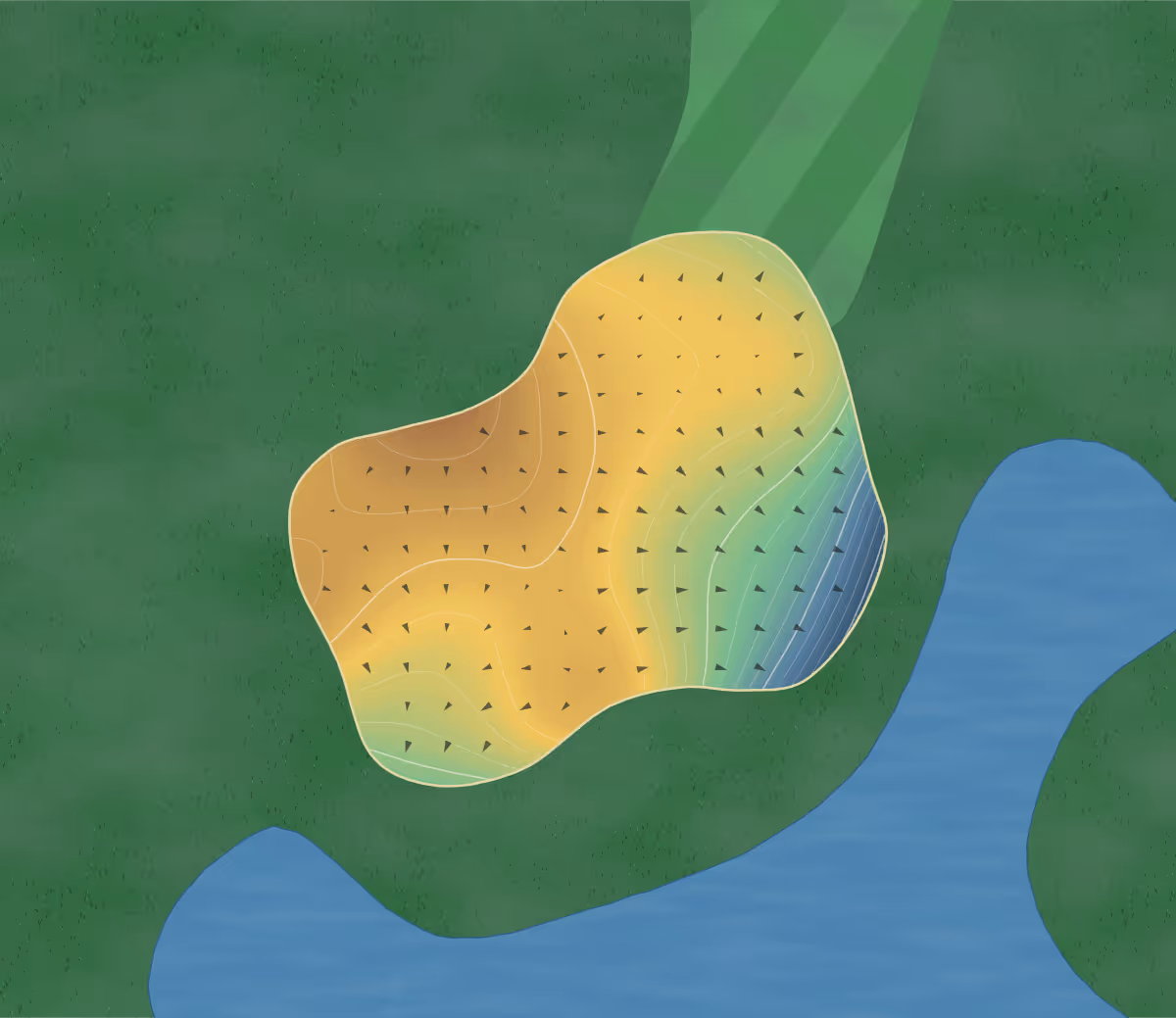 Green contour map of Castlebar in Castlebar, Ireland — 142 elevation contours at a 8-centimeter interval with fall-line arrows, traced from 1-meter lidar