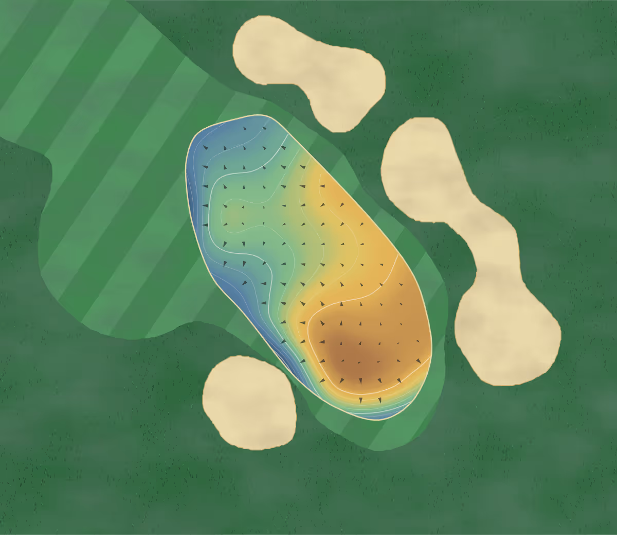Green contour map of Castleknock in Dublin 15, Ireland — 23 elevation contours at a 8-centimeter interval with fall-line arrows, traced from 1-meter lidar