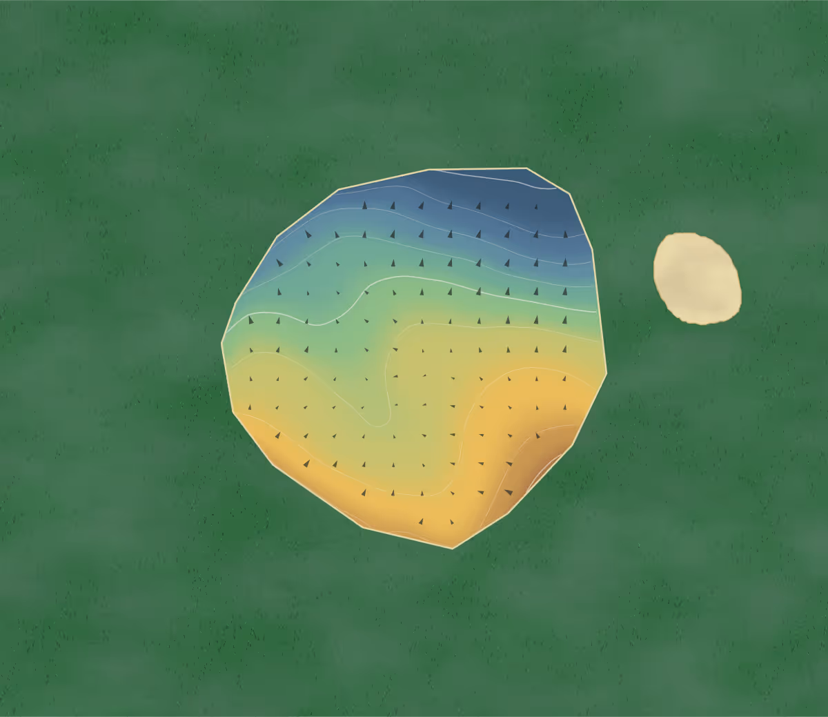 Green contour map of Castlerea in Castlerea, Ireland: 33 elevation contours at a 8-centimeter interval with fall-line arrows, traced from 1-meter lidar