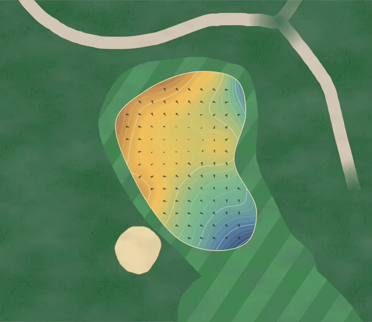 Green contour map of Castletroy in Castletroy, Ireland: 219 elevation contours at a 8-centimeter interval with fall-line arrows, traced from 1-meter lidar