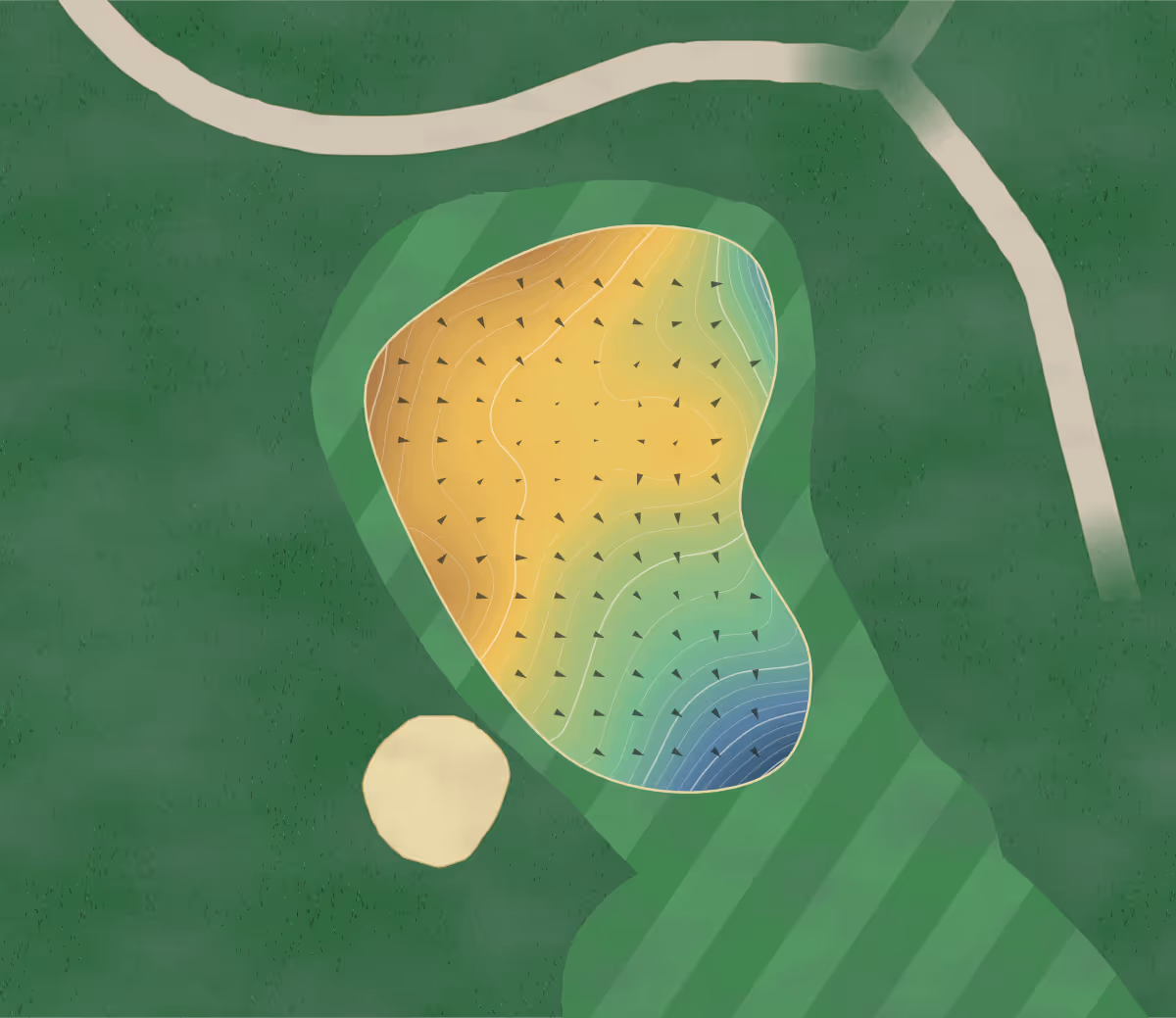 Green contour map of Castletroy in Castletroy, Ireland — 234 elevation contours at a 8-centimeter interval with fall-line arrows, traced from 1-meter lidar