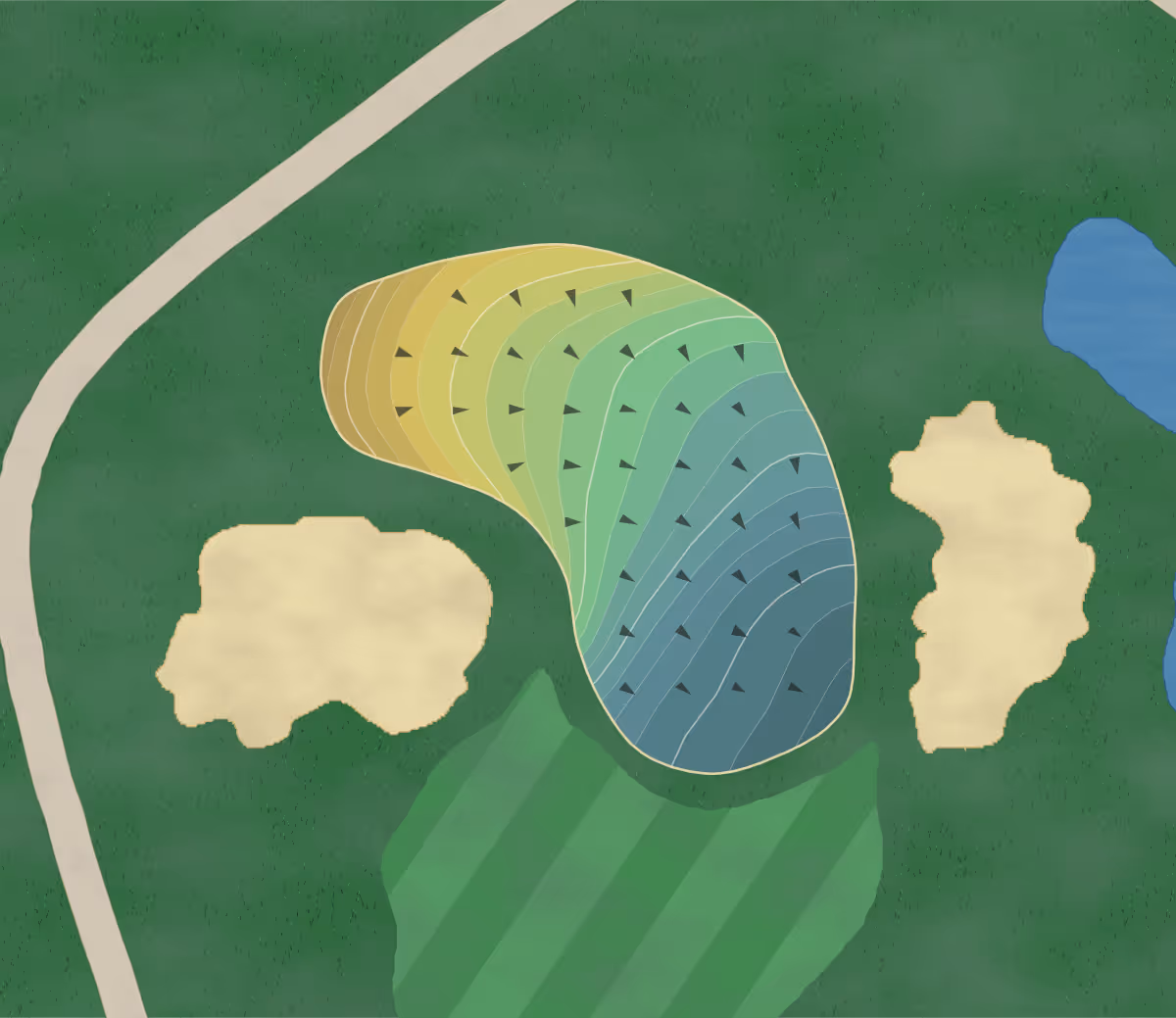 Green contour map of Castlewood in Pleasanton, California — 487 elevation contours at a 3-inch interval with fall-line arrows, traced from 1-meter lidar