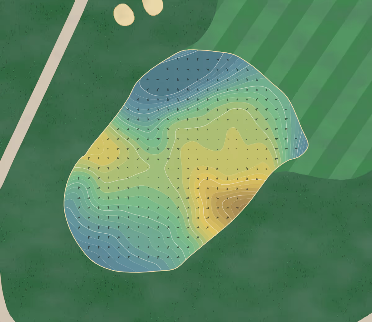 Green contour map of Catawba Island in Port Clinton, Ohio — 204 elevation contours at a 3-inch interval with fall-line arrows, traced from 1-meter lidar