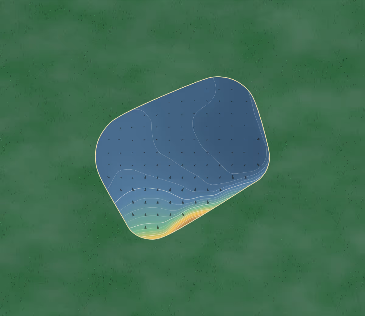 Green contour map of Cathkin Braes in Rutherglen, Scotland — 169 elevation contours at a 8-centimeter interval with fall-line arrows, traced from 1-meter lidar
