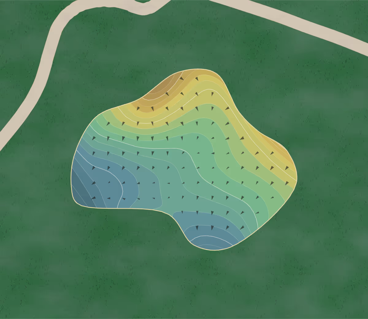 Green contour map of Cattail Creek in Loveland, Colorado — 156 elevation contours at a 3-inch interval with fall-line arrows, traced from 1-meter lidar
