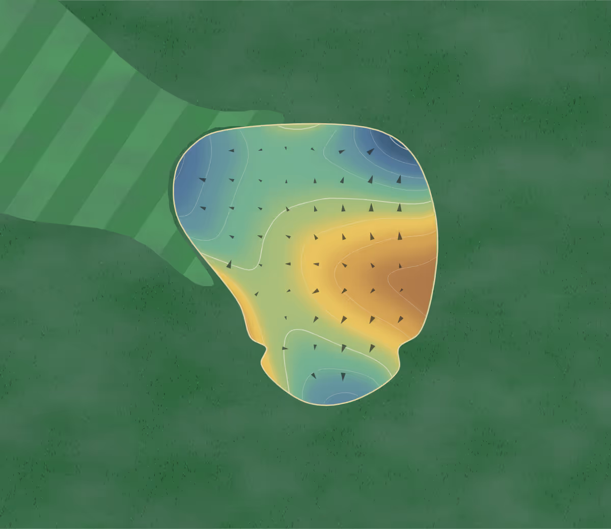 Green contour map of Cattails in Alamosa, Colorado — 132 elevation contours at a 3-inch interval with fall-line arrows, traced from 1-meter lidar
