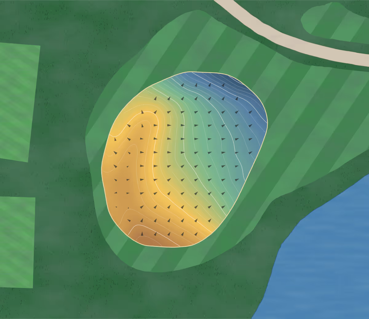 Green contour map of Cavalier in Cavalier, North Dakota: 105 elevation contours at a 3-inch interval with fall-line arrows, traced from 1-meter lidar