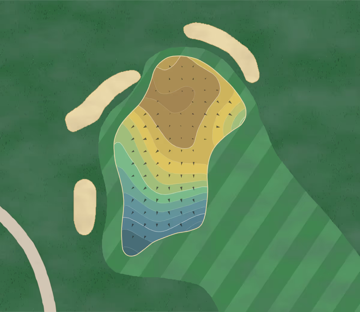 Green contour map of Cavalier Golf in Virginia Beach, Virginia — 170 elevation contours at a 3-inch interval with fall-line arrows, traced from 1-meter lidar