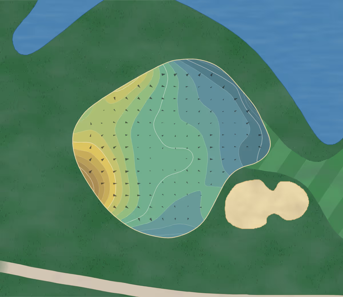 Green contour map of Cavalry Club in Manlius, New York — 197 elevation contours at a 3-inch interval with fall-line arrows, traced from 1-meter lidar