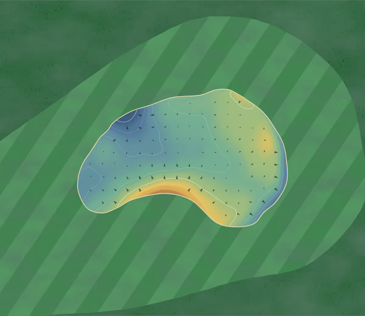 Green contour map of Cawder in Bishopbriggs, Scotland: 8 elevation contours at a 8-centimeter interval with fall-line arrows, traced from 1-meter lidar