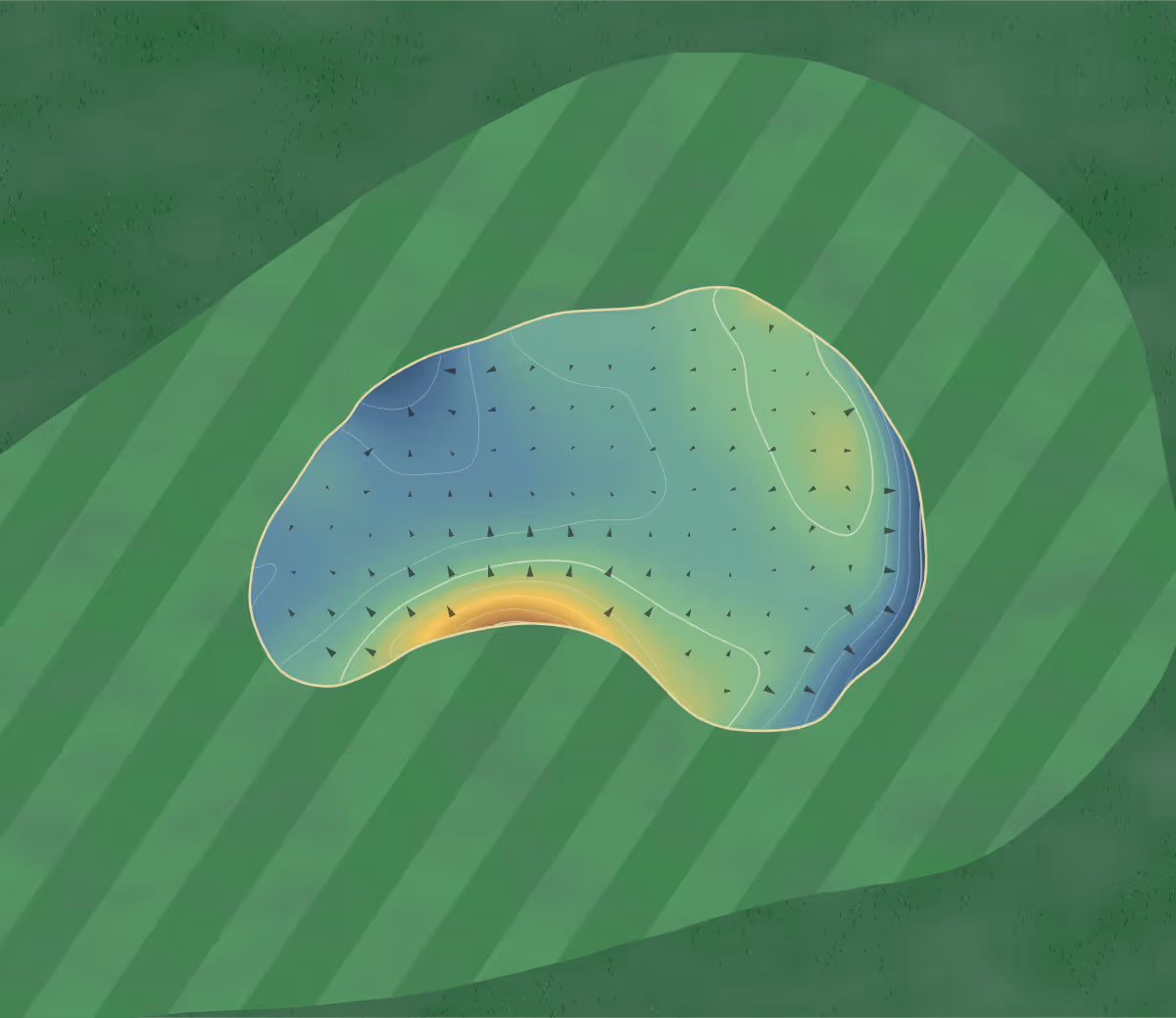 Green contour map of Cawder in Bishopbriggs, Scotland — 9 elevation contours at a 8-centimeter interval with fall-line arrows, traced from 1-meter lidar