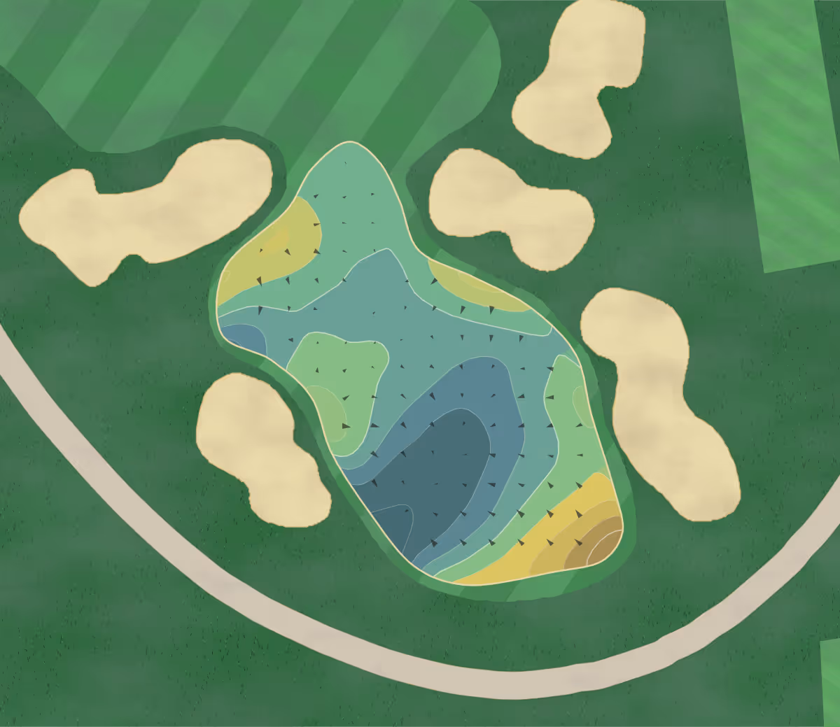 Green contour map of CC Buffalo in Williamsville, New York — 250 elevation contours at a 3-inch interval with fall-line arrows, traced from 1-meter lidar