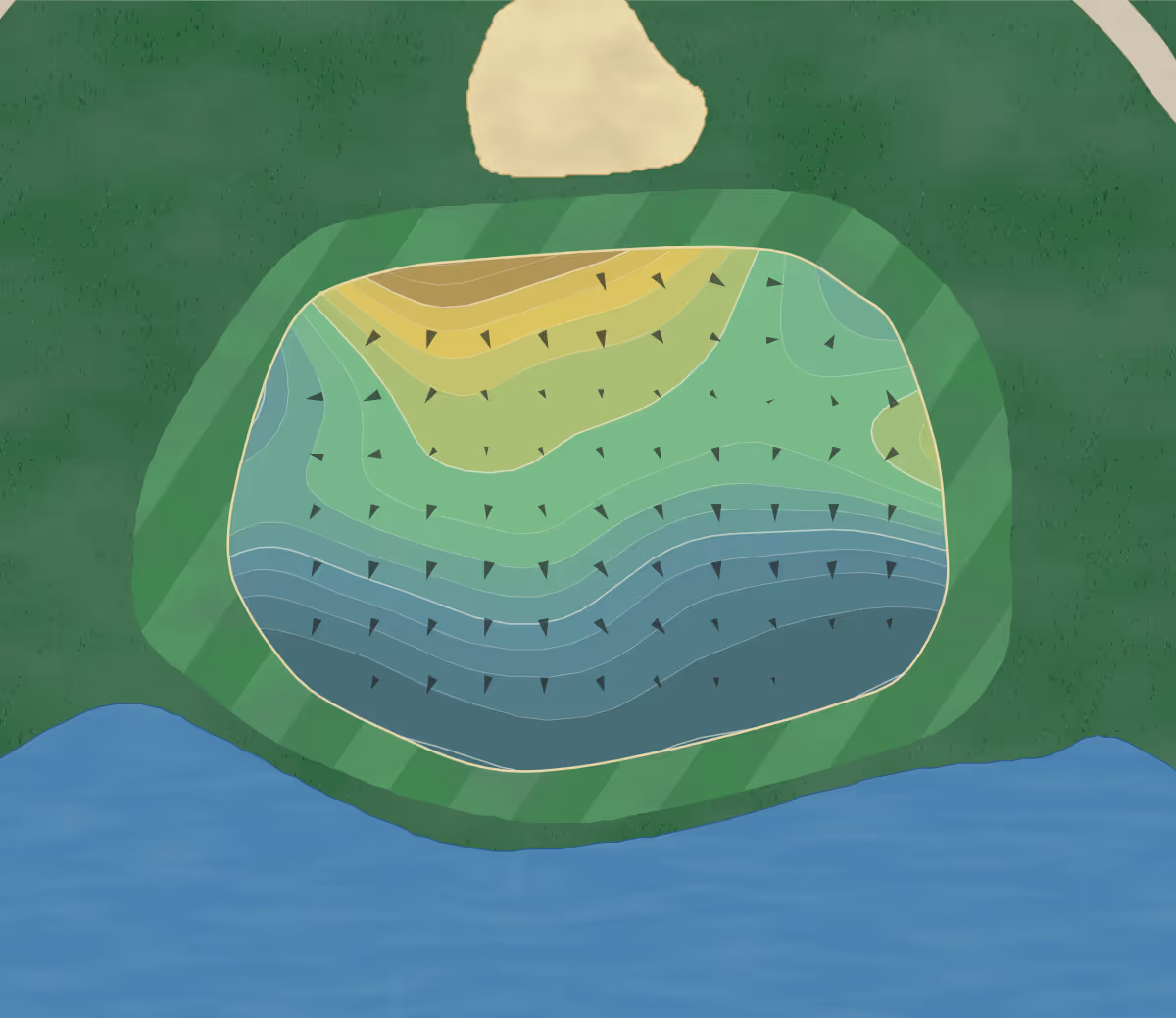 Green contour map of CC Coral in Coral Springs, Florida — 152 elevation contours at a 3-inch interval with fall-line arrows, traced from 1-meter lidar