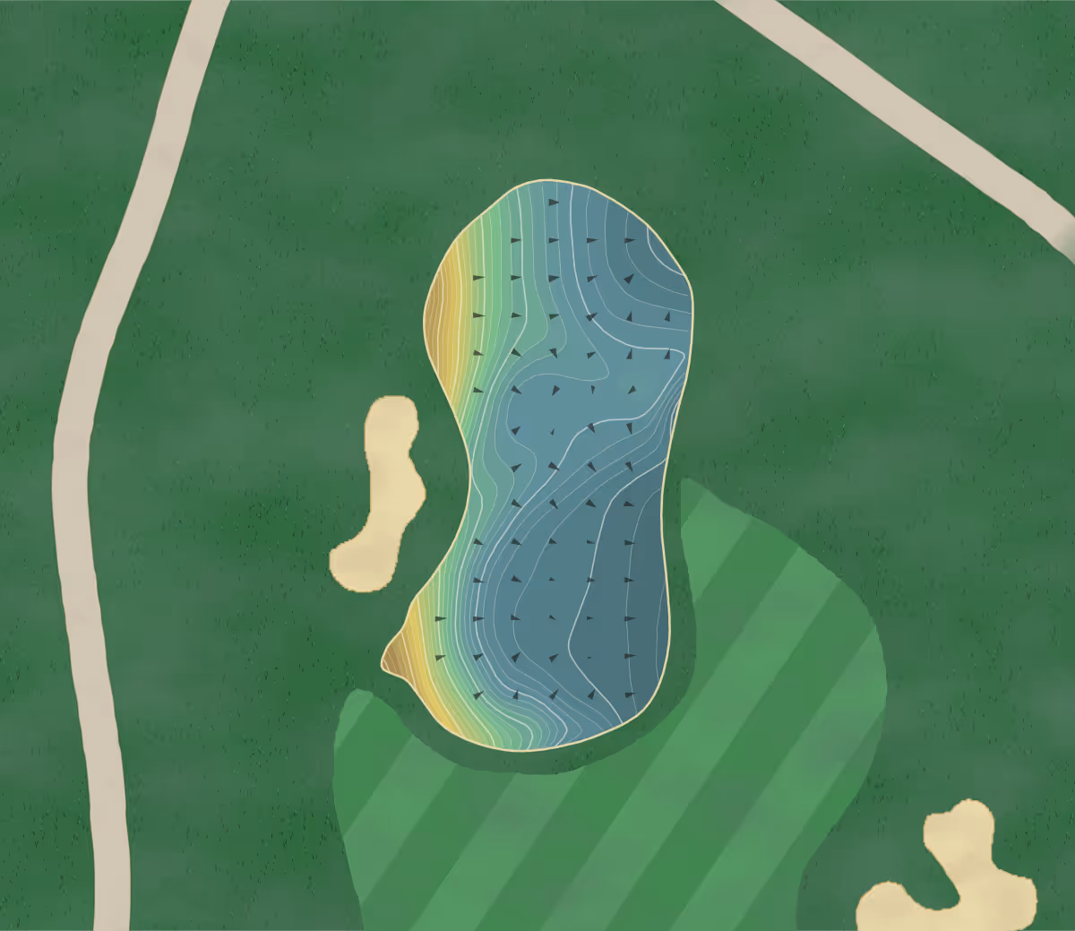 Green contour map of CC Darien in Darien, Connecticut — 302 elevation contours at a 3-inch interval with fall-line arrows, traced from 1-meter lidar