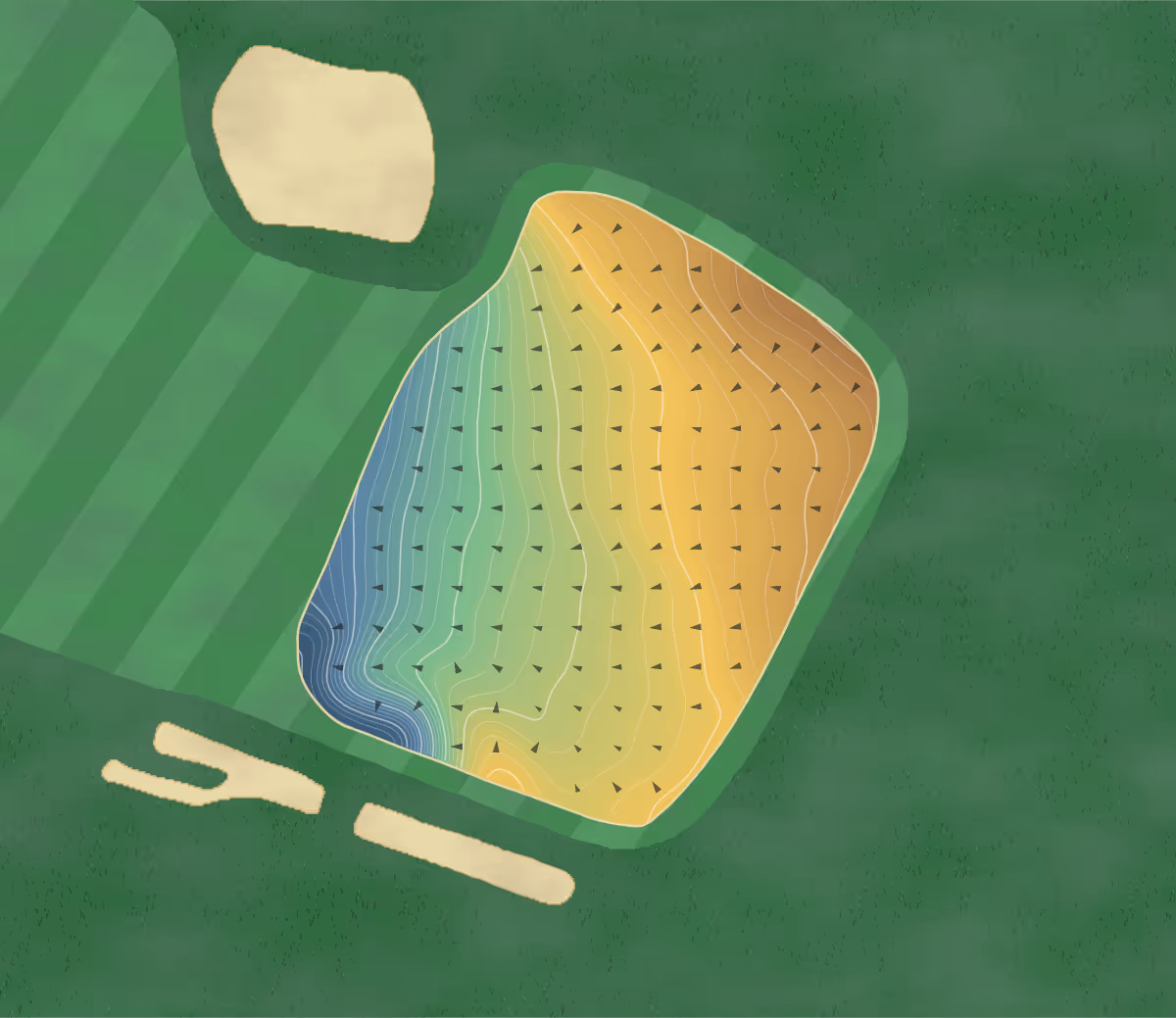 Green contour map of Cc Farmington in Farmington, Connecticut — 292 elevation contours at a 3-inch interval with fall-line arrows, traced from 1-meter lidar